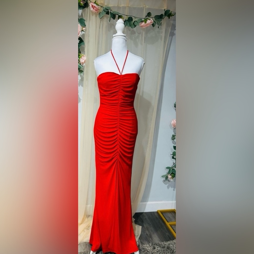Pretty Nomad Red Ruched Halter Maxi Dress | Size Small | NWT